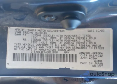 2004 Toyota 4Runner Sr5 V6 z USA, uszkodzony, nr VIN JTEZU14R748011896